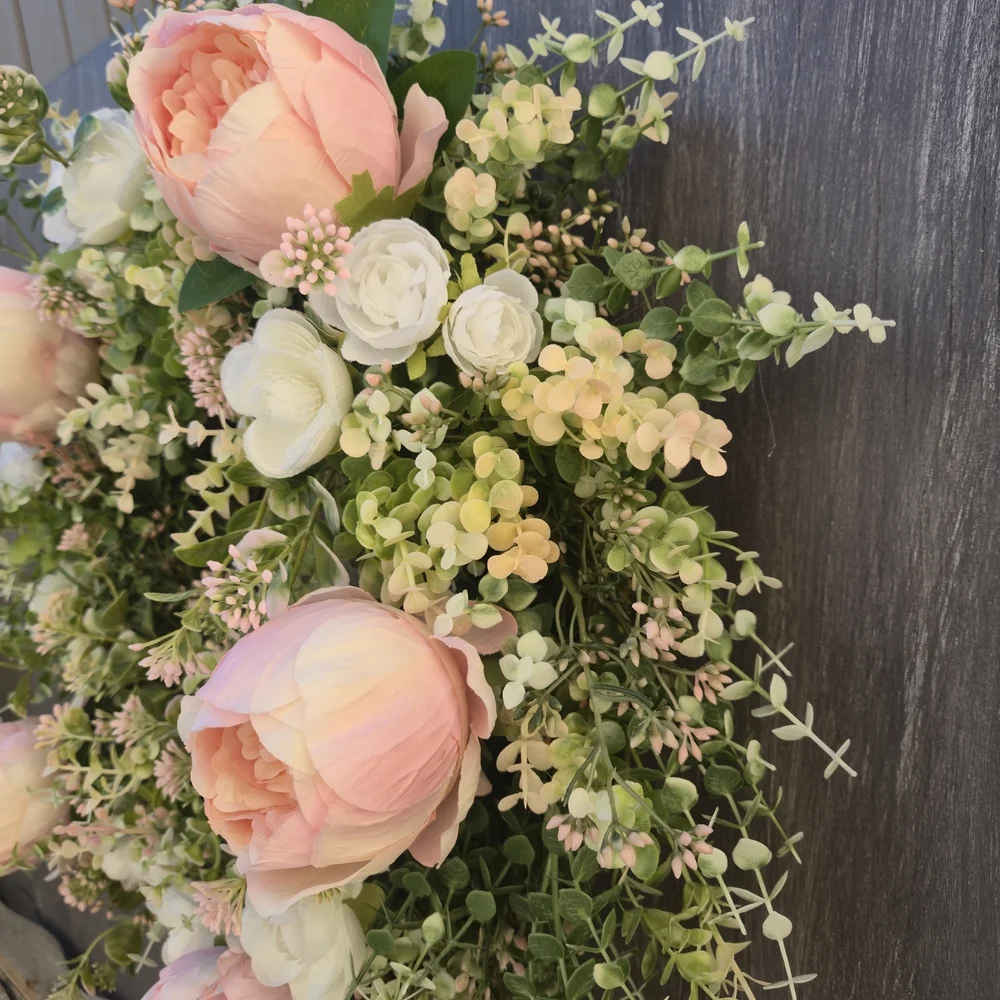 Handmade Cottage Style Elegant Pink and White Floral Wreath